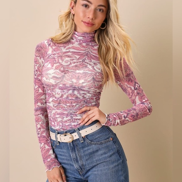 Free People X REVOLVE Under It All Bodysuit Ruched Long Sleeve Peony Combo XS - Picture 1 of 11